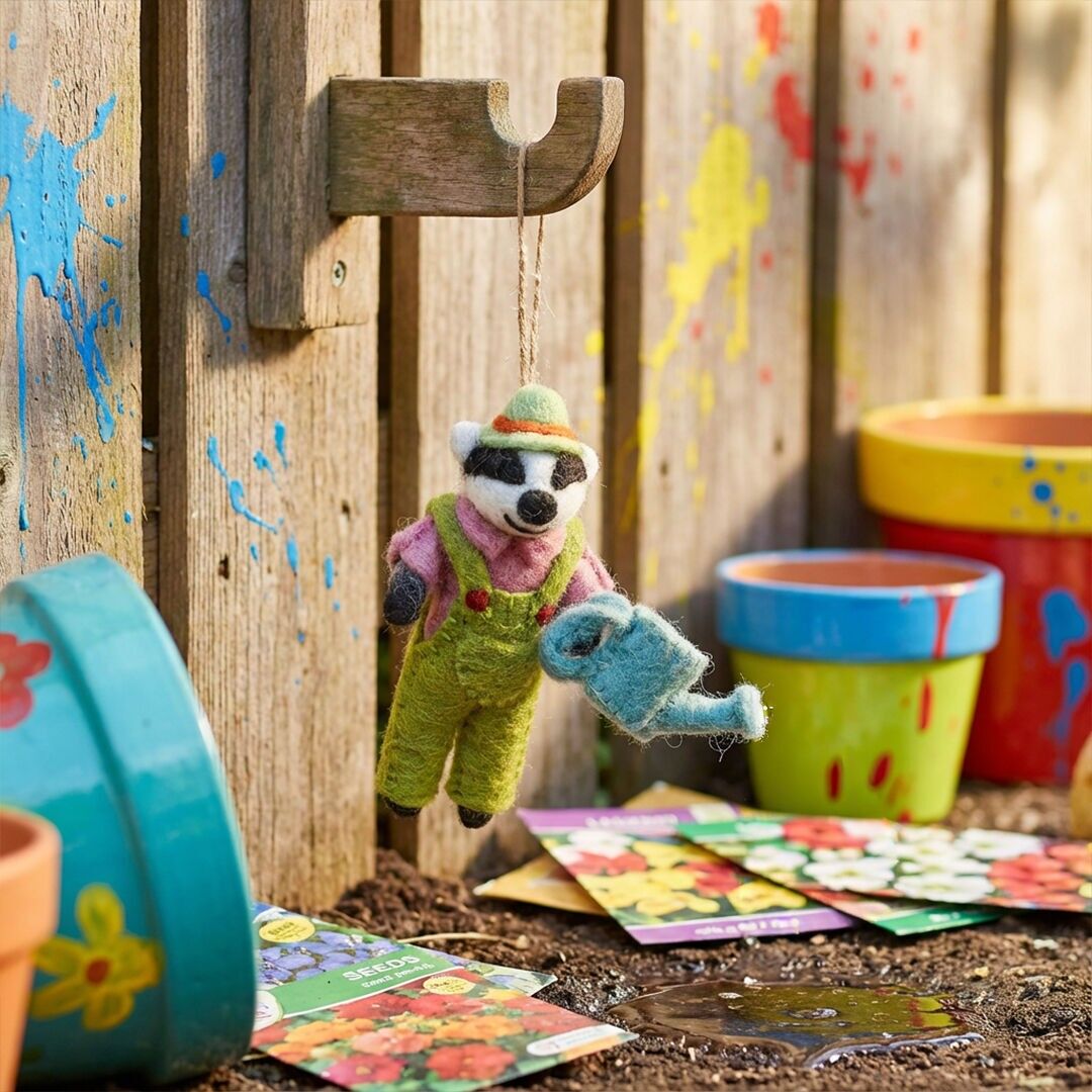 Décoration suspendue Gus le blaireau jardinier en feutre fait main