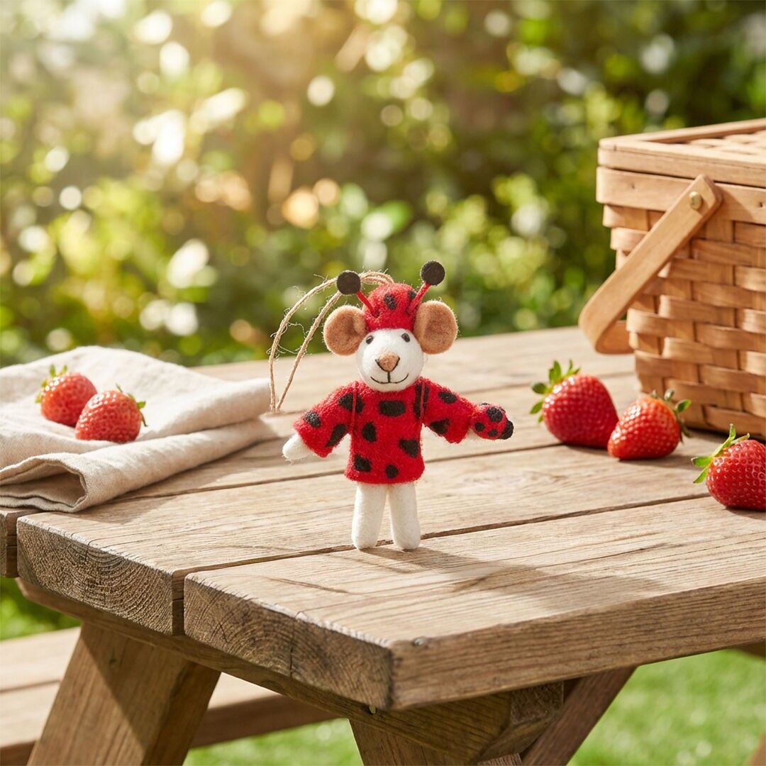 Décoration de printemps à suspendre en feutrine faite main Lizzie la coccinelle souris