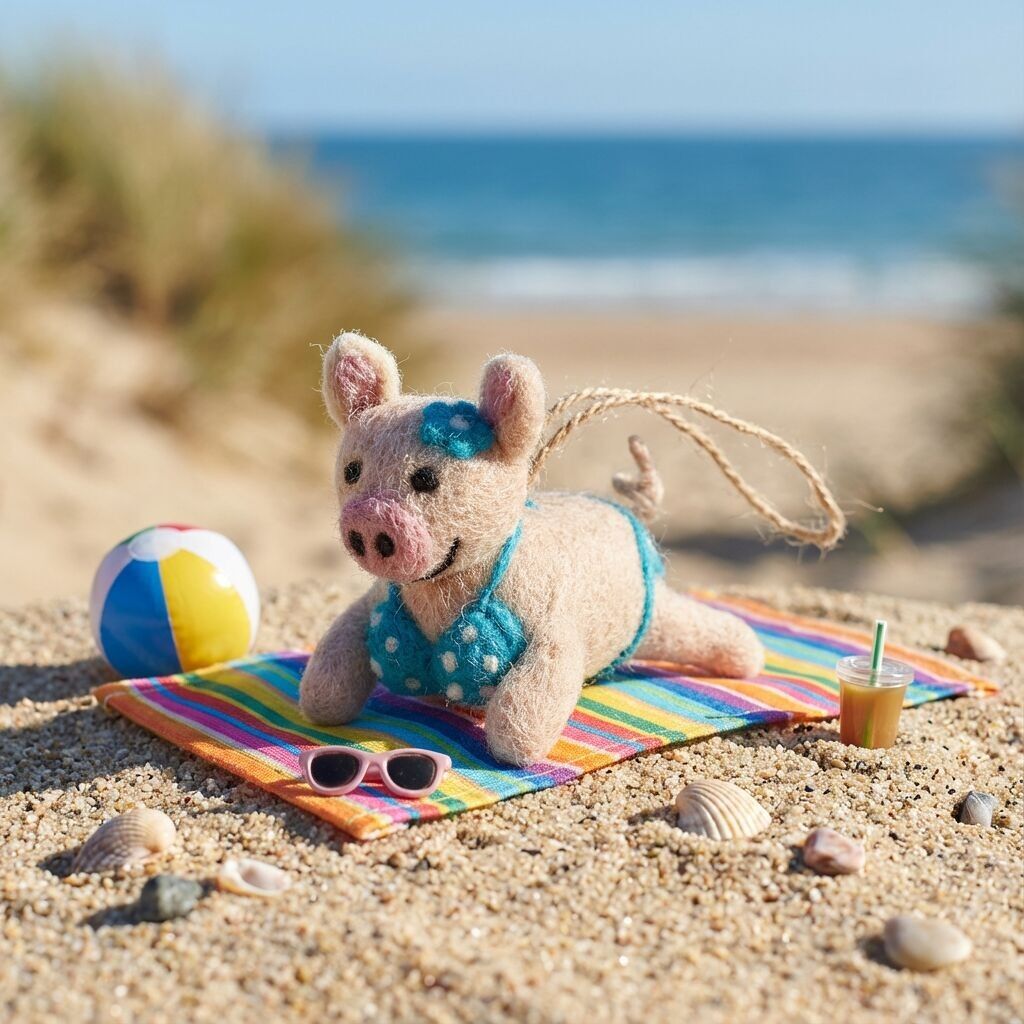 Décoration suspendue en feutre faite main représentant un cochon de plage et la vie marine