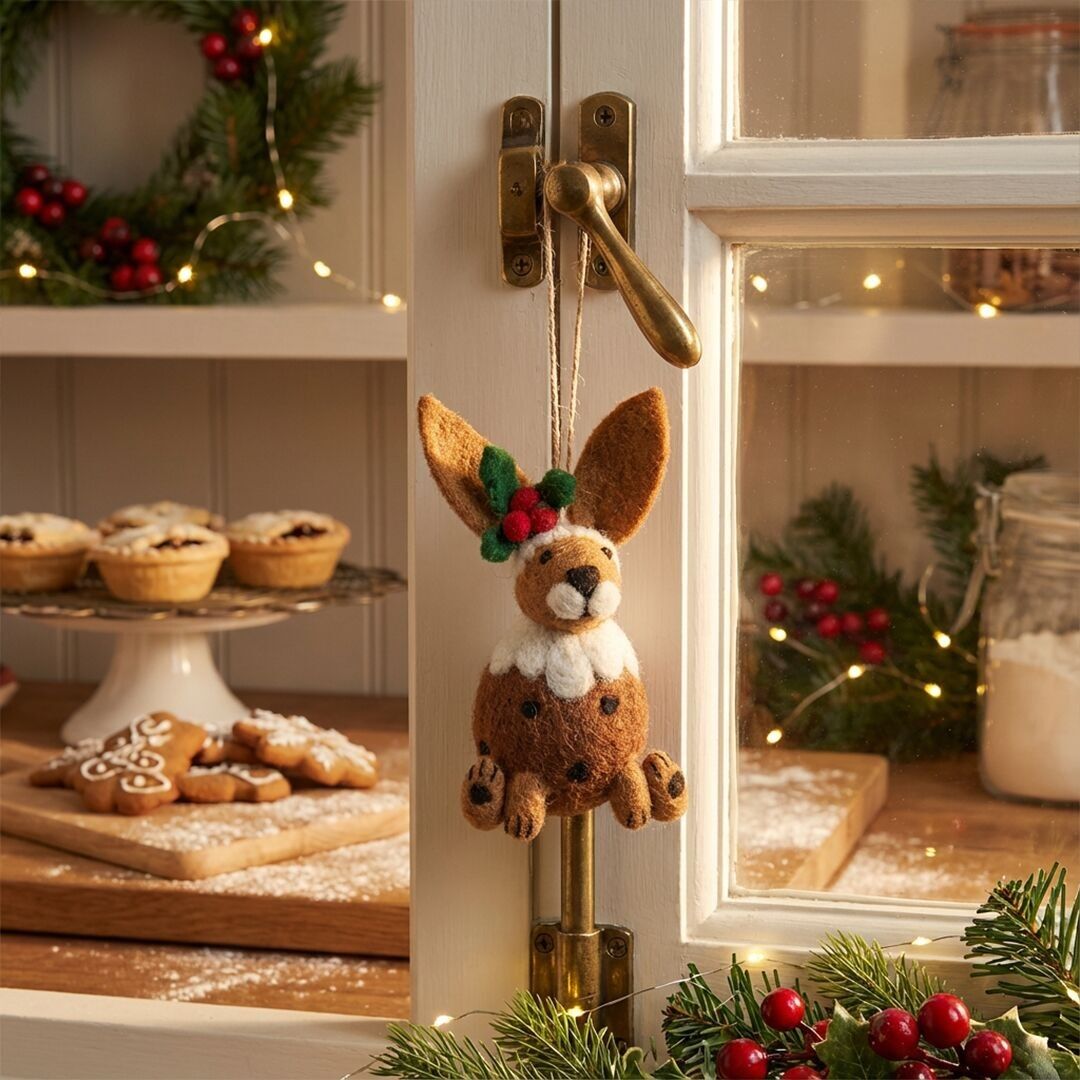 Décoration suspendue en feutre faite main représentant un lièvre en forme de pudding de Noël