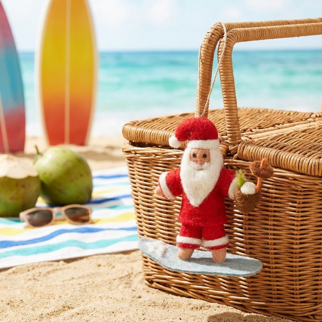 Décoration de Noël suspendue en feutre fait main représentant un Père Noël surfeur