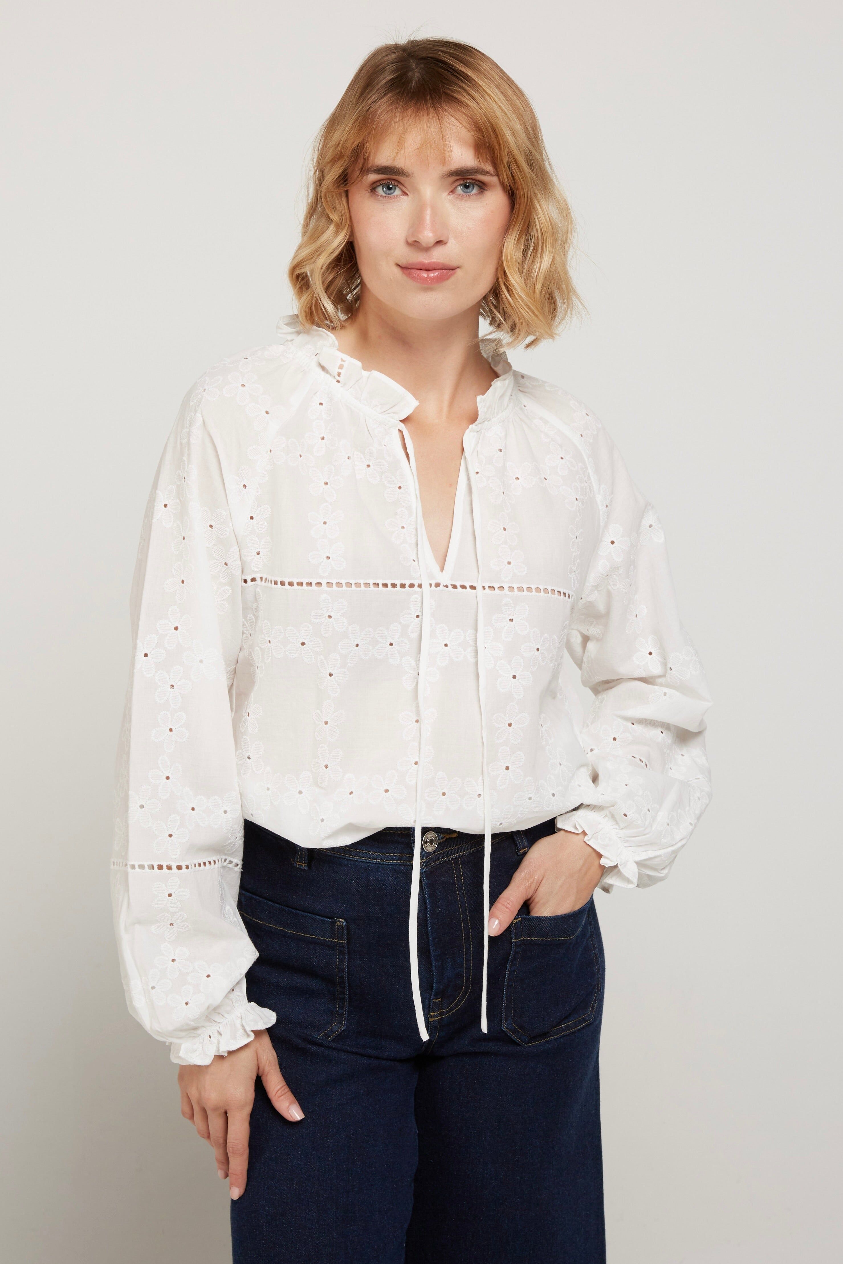 BOHO - Blusa Blanca con Cuello de Encaje, 100% Algodón