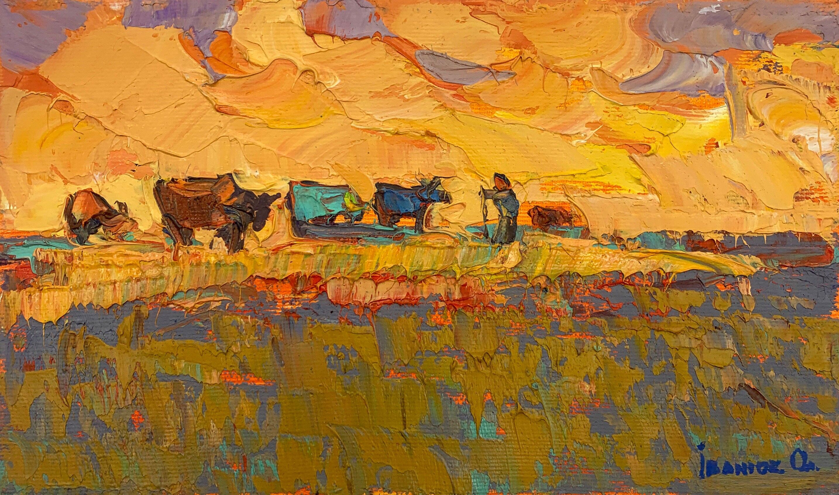 Ölgemälde „Rosa Abend“, Oleksiy Ivanyuk, 15 x 25 cm