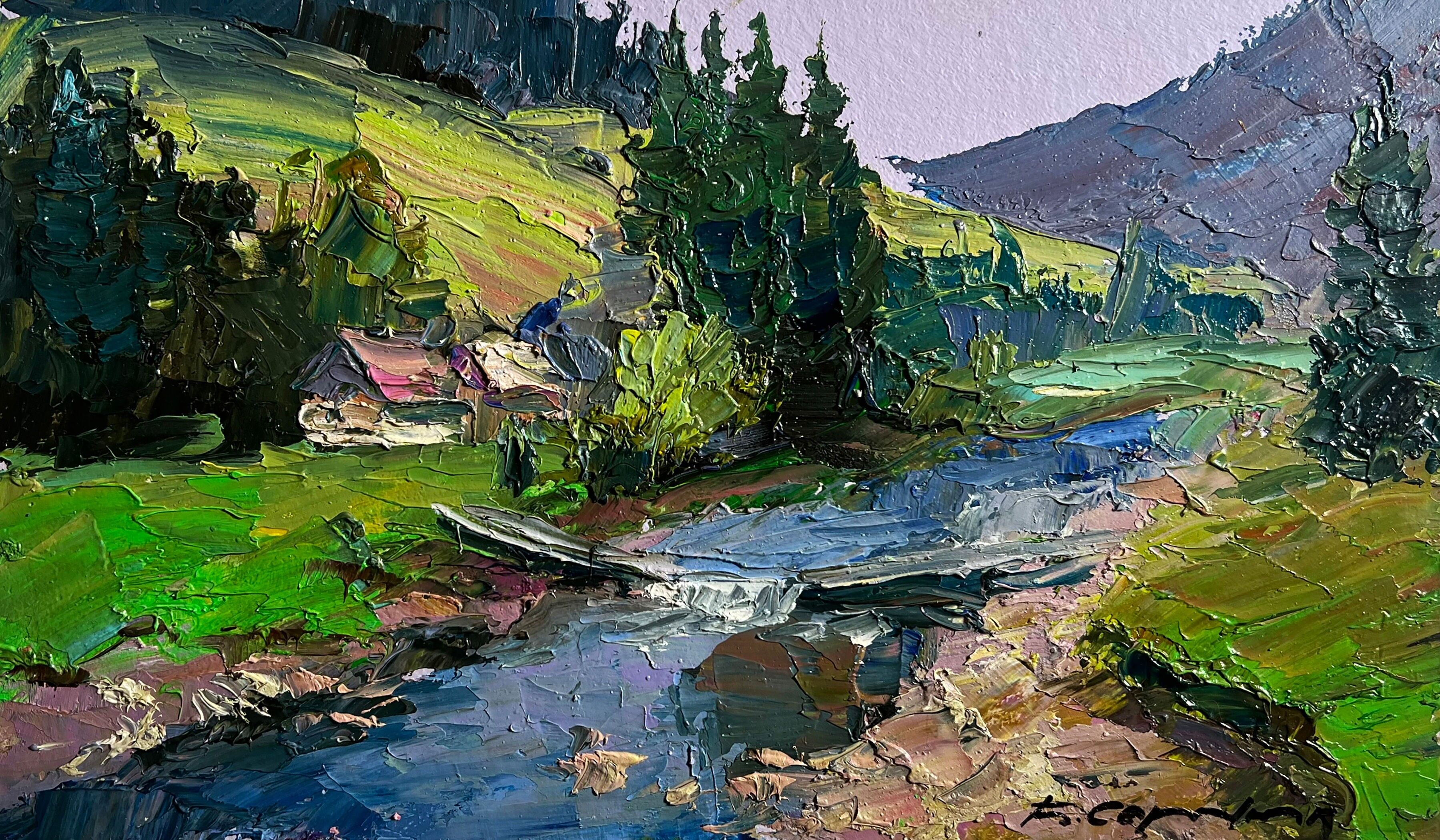 Dipinto ad olio Case in montagna Boris Serdyuk 17x25cm