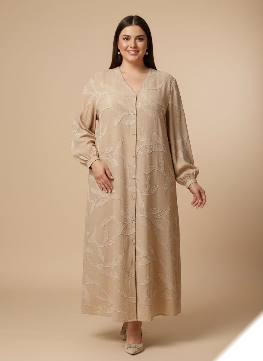 Robe chemise longue unie à relief fleurie avec poches - 2510-8 - Lusa Mode