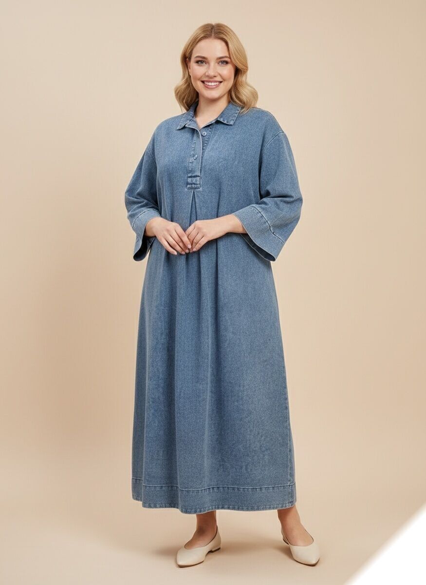 Robe longue en jean premium à col chemise - Y003 - Lusa Mode