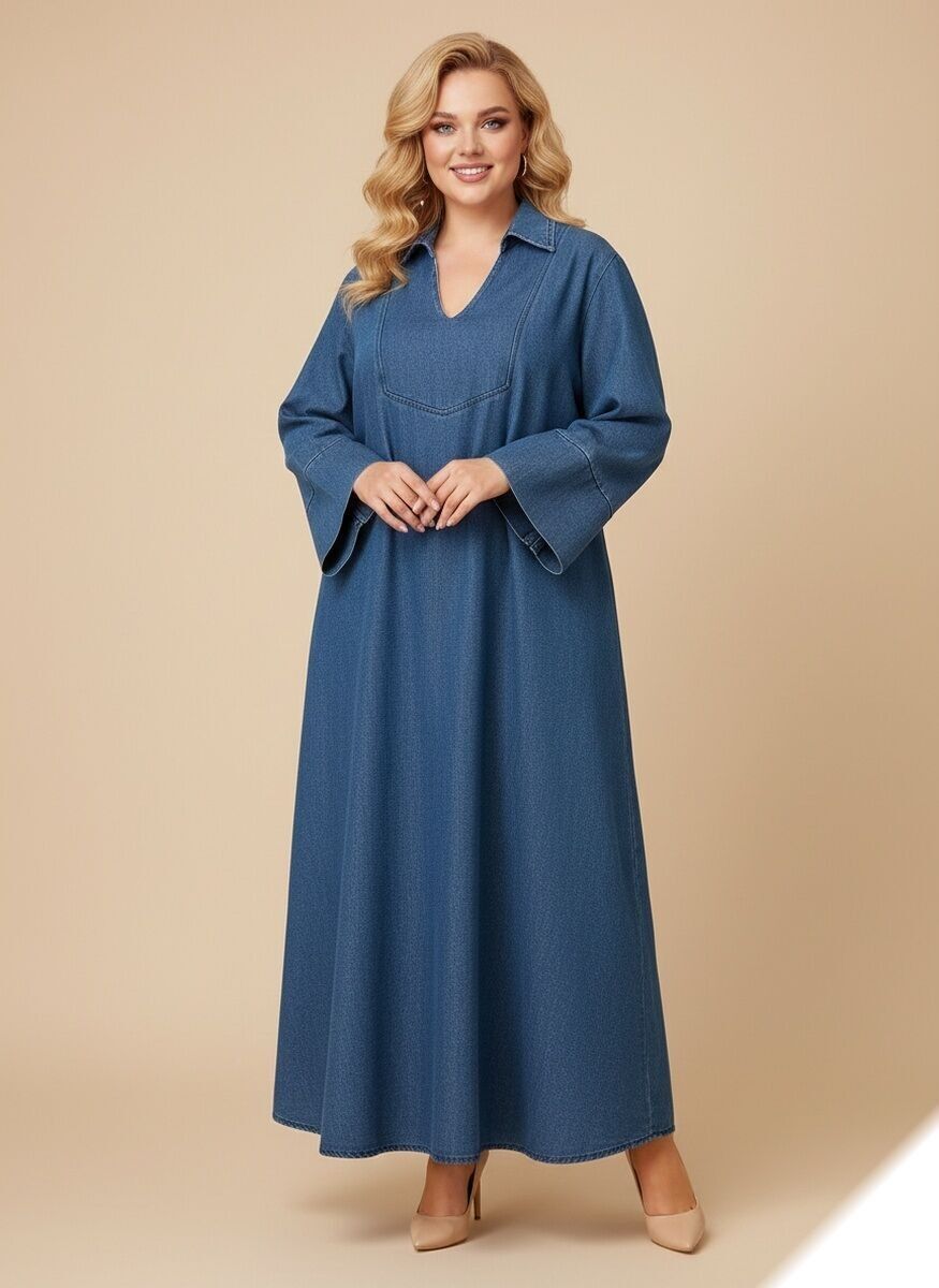 Robe longue en jean premium à col original - Y008 - Lusa Mode