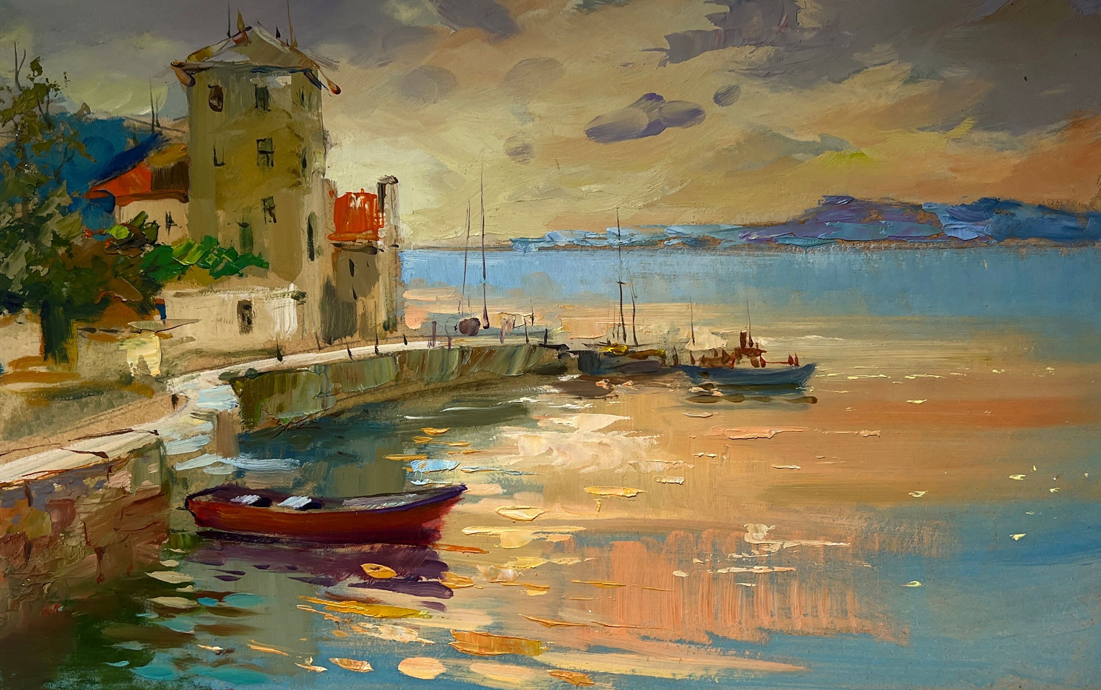 Dipinto ad olio Tramonto arancione nel mare Yuriy Suprunchuk 20x30cm