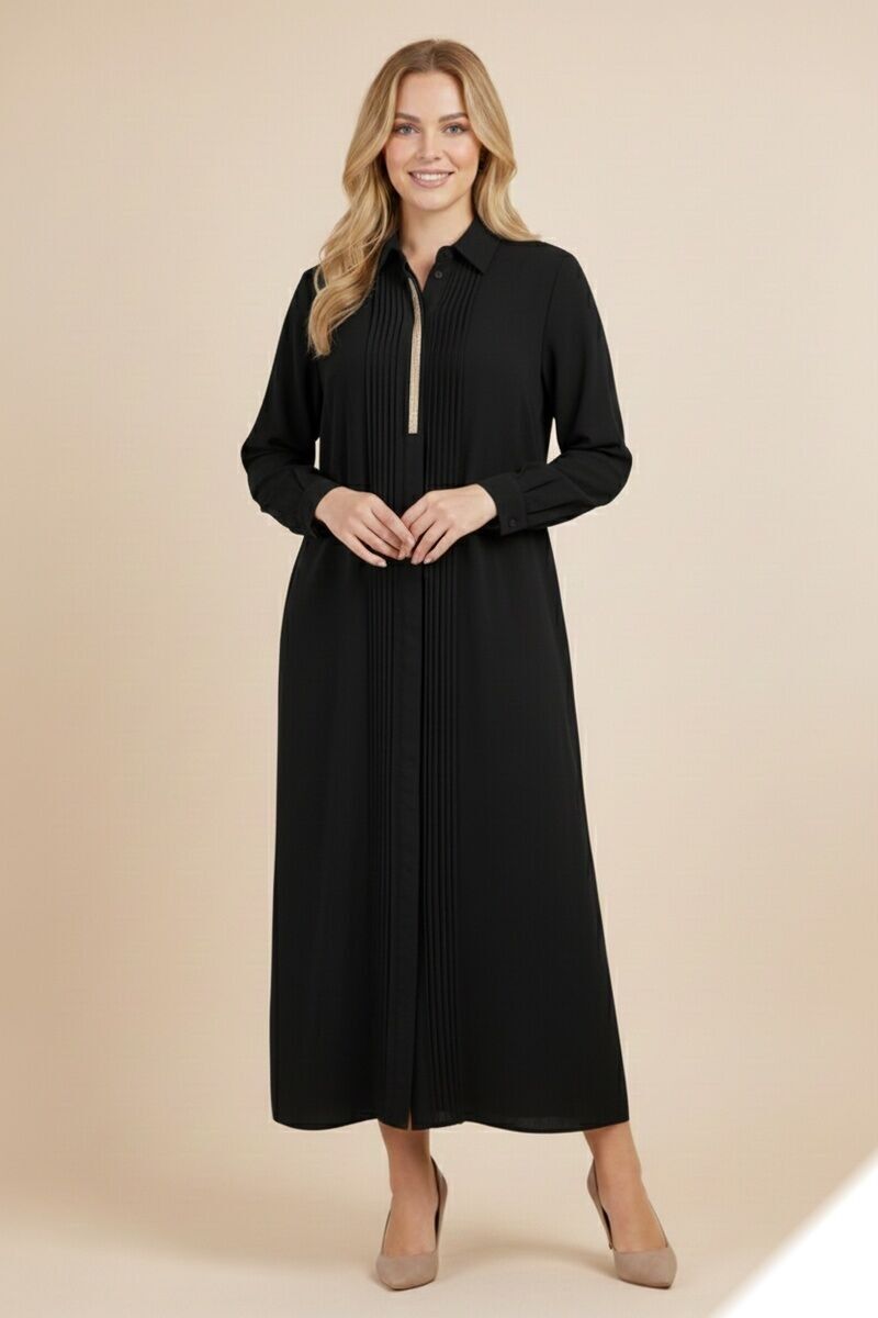 Robe chemise unie longue avec plis et détail doré - Y163 - Lusa Mode