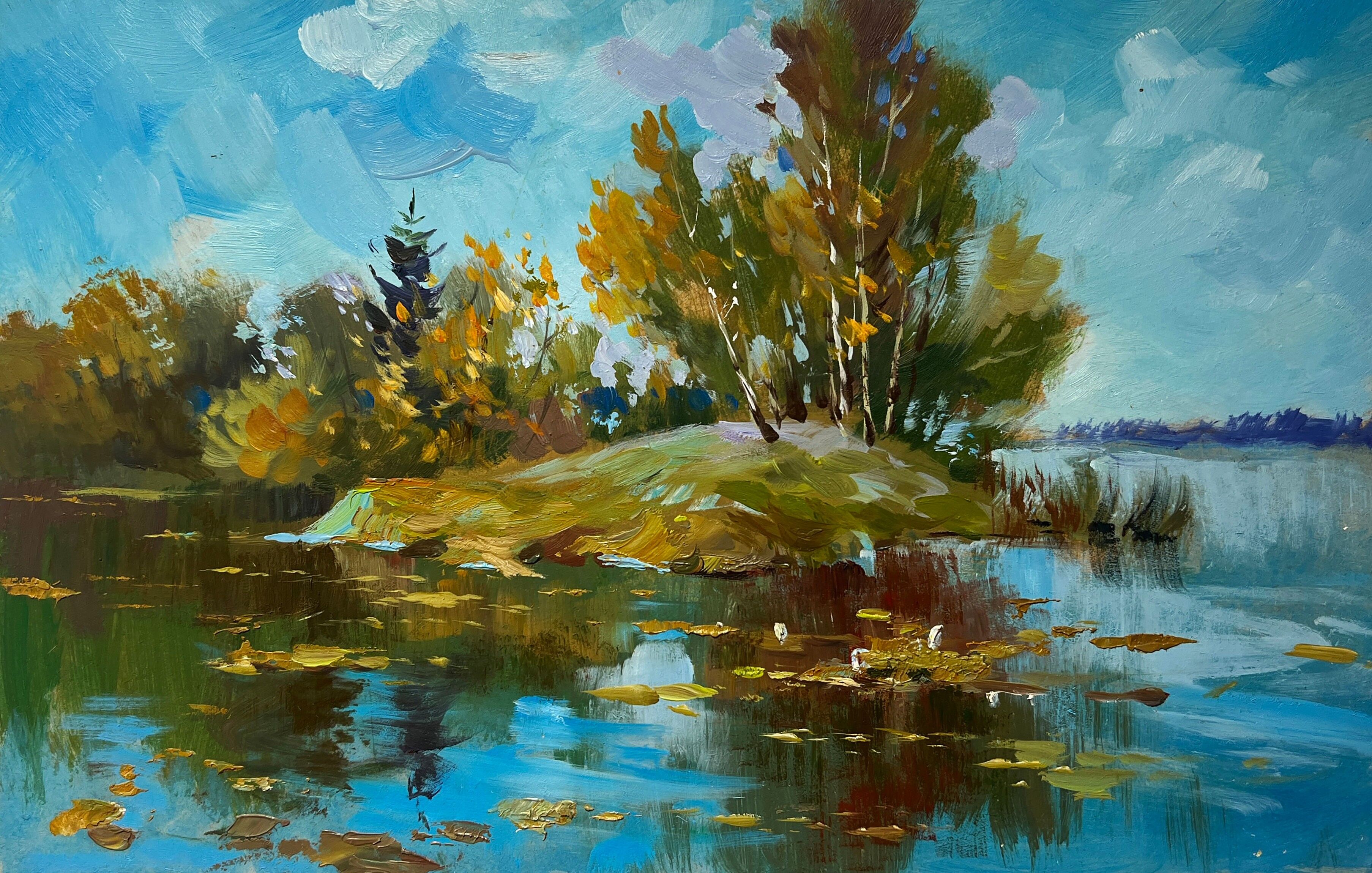 Dipinto ad olio Il fiume bagna la foresta Yuriy Suprunchuk 20x30cm