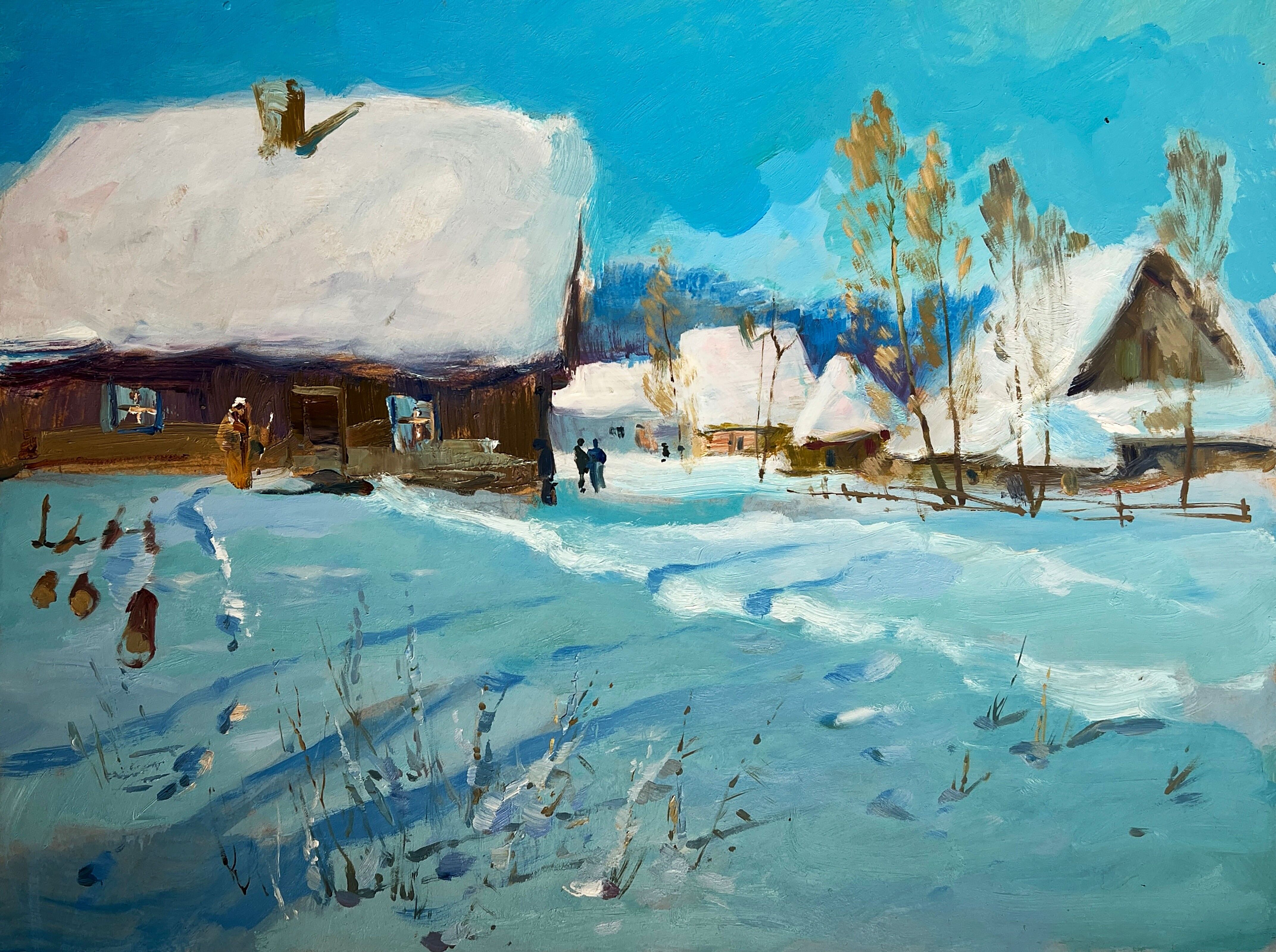 Dipinto ad olio Racconto invernale del villaggio Yuriy Suprunchuk 30x40cm
