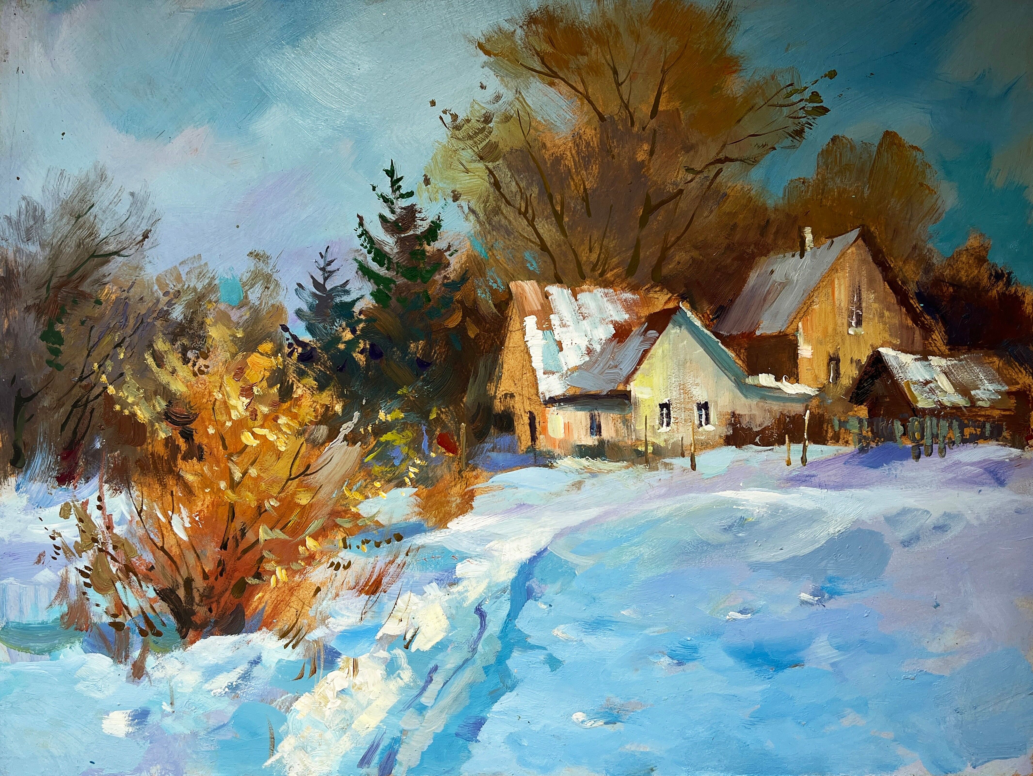 Dipinto ad olio Cumuli di neve invernali vicino alla casa Yuriy Suprunchuk 30x40cm