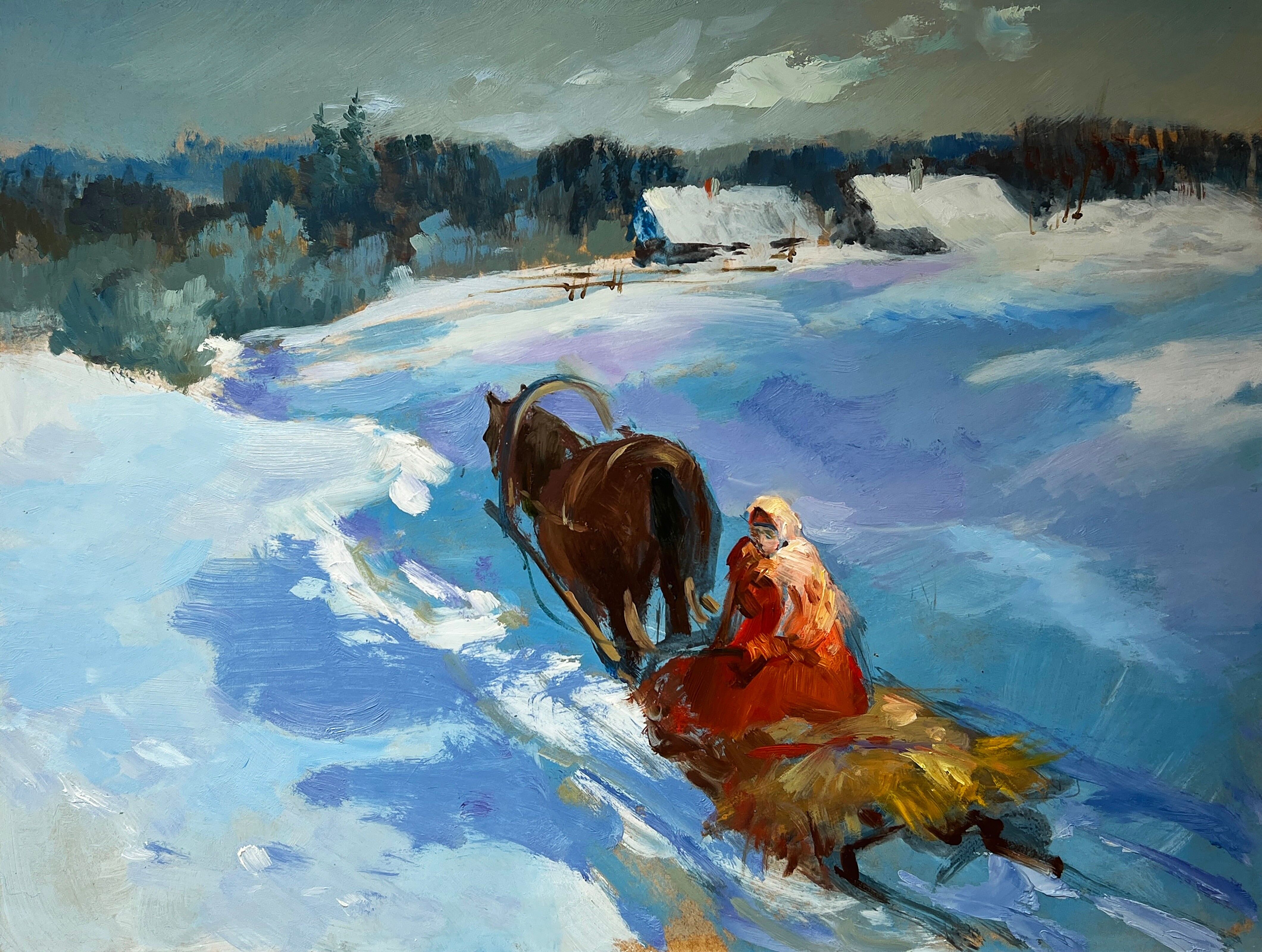 Dipinto ad olio Ritorno a casa in una sera d'inverno Yuriy Suprunchuk 30x40cm