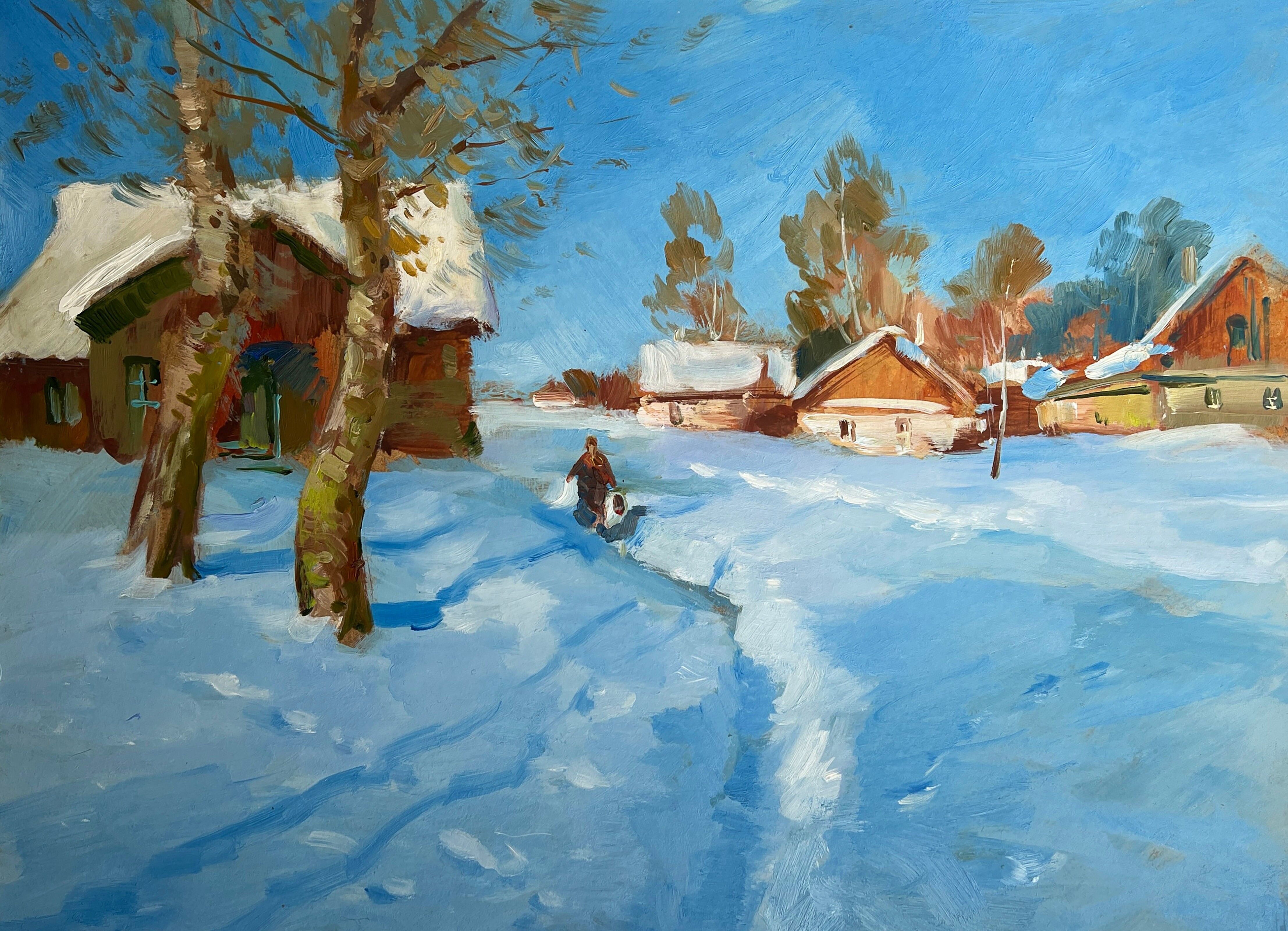 Dipinto ad olio Villaggio tranquillo in inverno Yuriy Suprunchuk 30x40cm