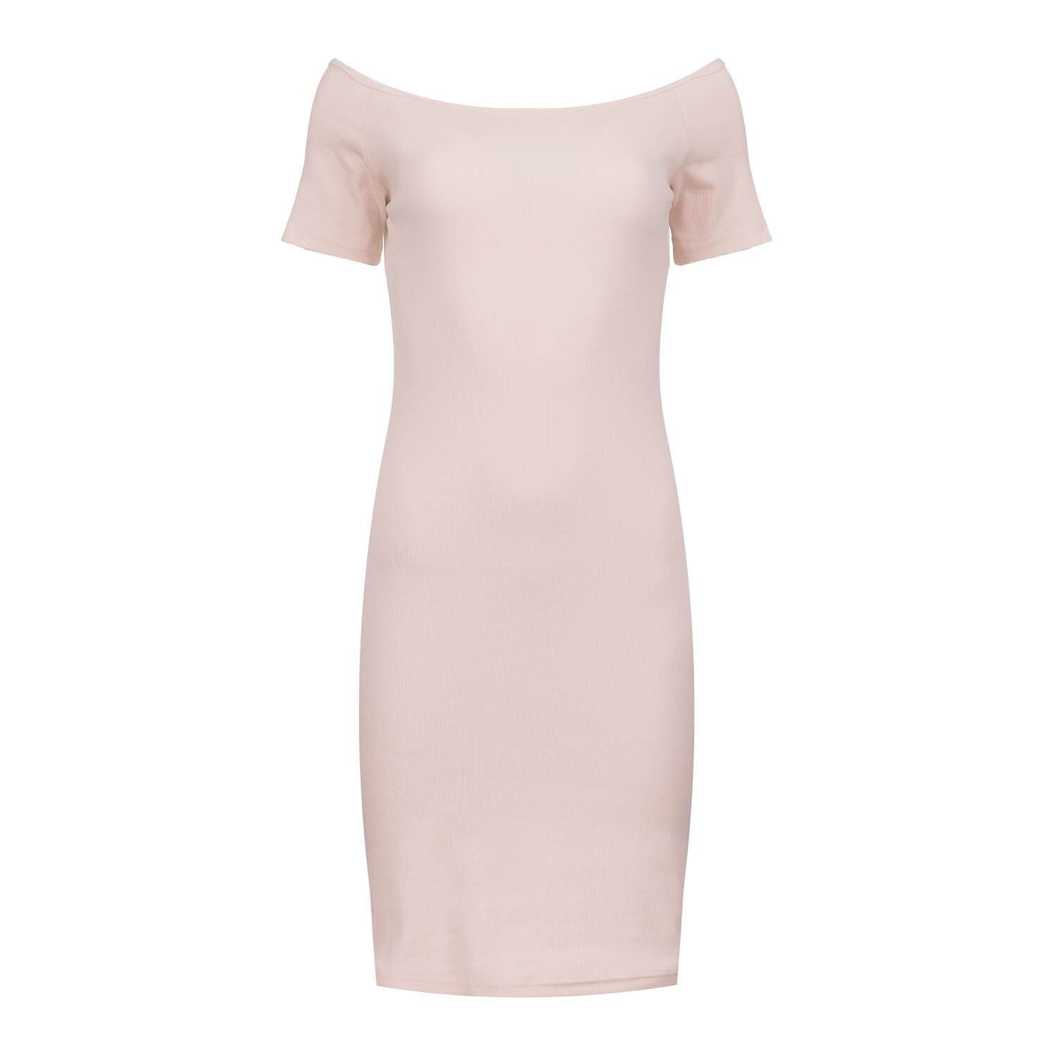 Zartrosa schulterfreies, tailliertes Kleid