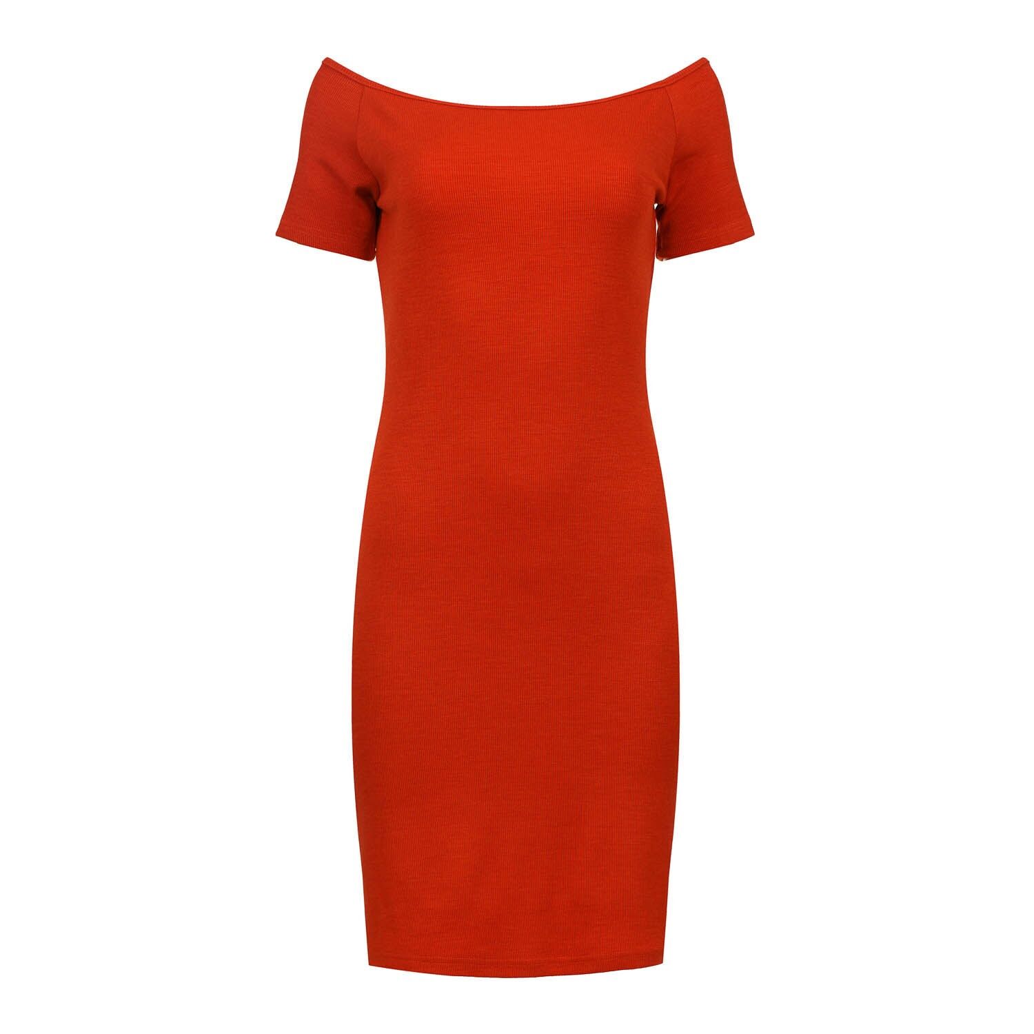 Feurig rotes, schulterfreies, tailliertes Kleid