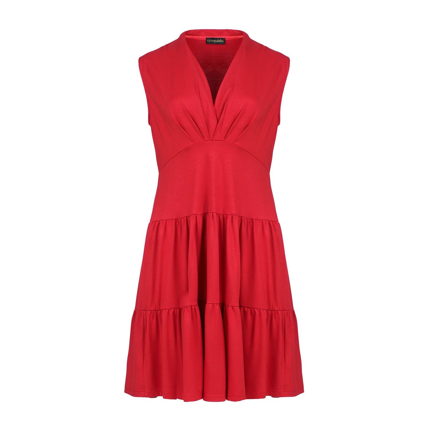 Vestido de jersey rojo sin mangas con cuello en V, corte holgado y largo hasta la rodilla