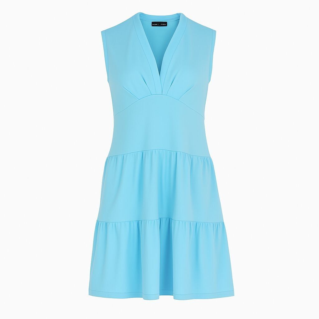 Vestido de jersey sin mangas color aguamarina con cuello en V, corte holgado y largo hasta la rodilla