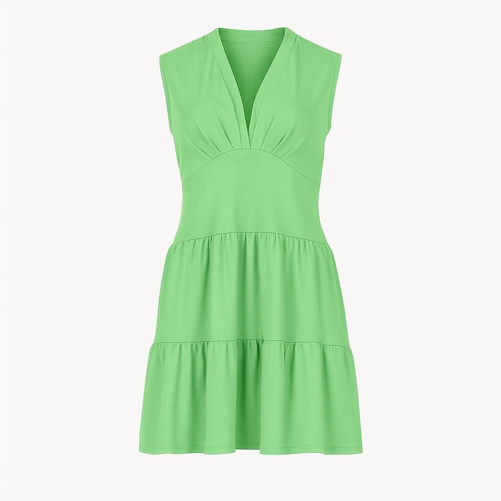 Vestido de jersey verde sin mangas con cuello en V, corte holgado y largo hasta la rodilla