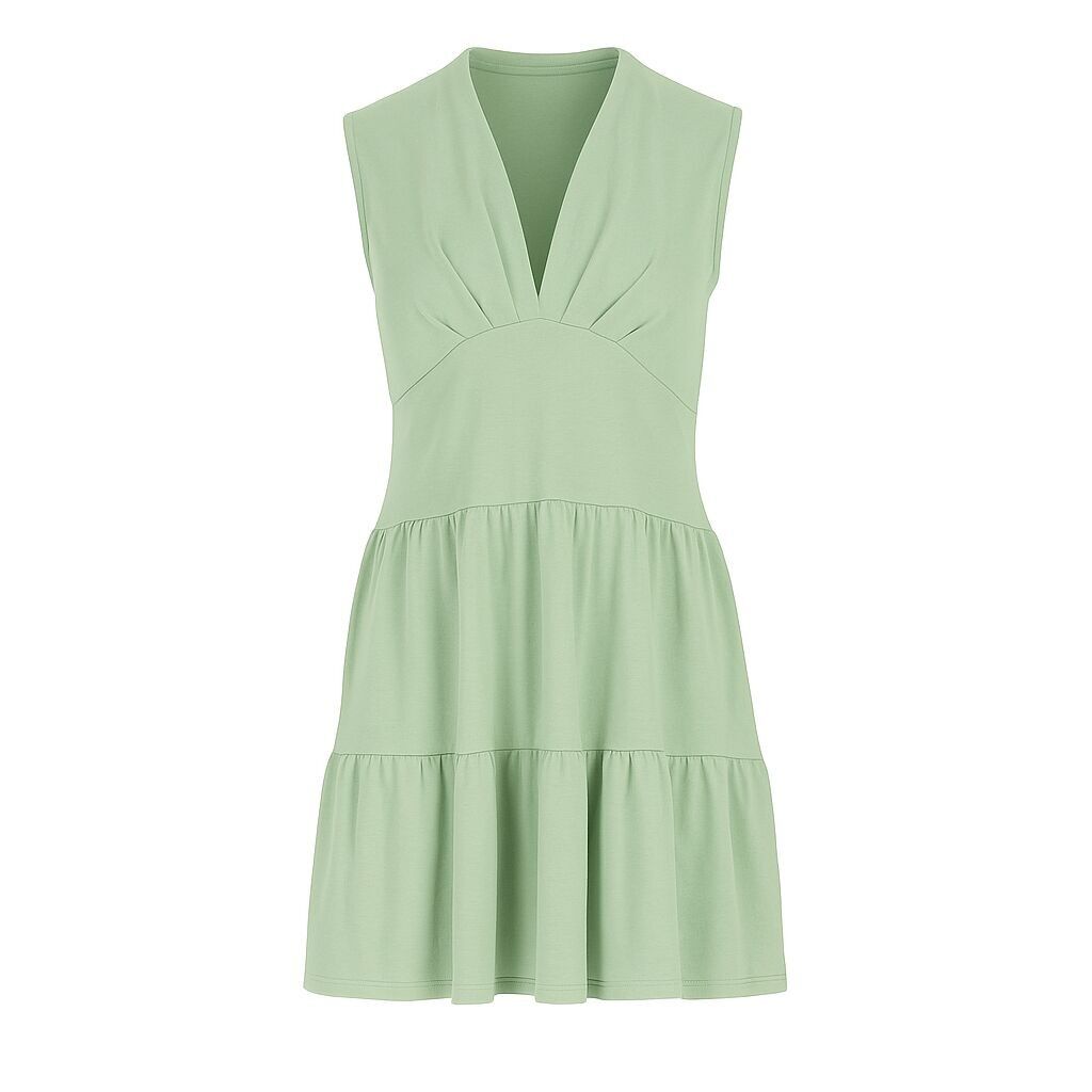 Vestido de jersey verde claro sin mangas con cuello en V, corte holgado y largo hasta la rodilla