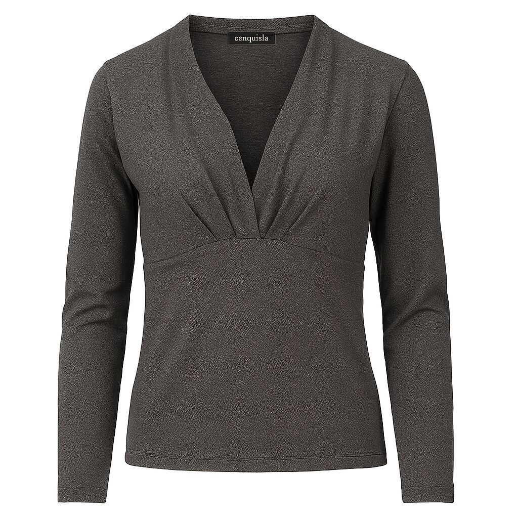 Top de jersey jaspeado color carbón con cuello en V para mujer, manga larga y drapeado