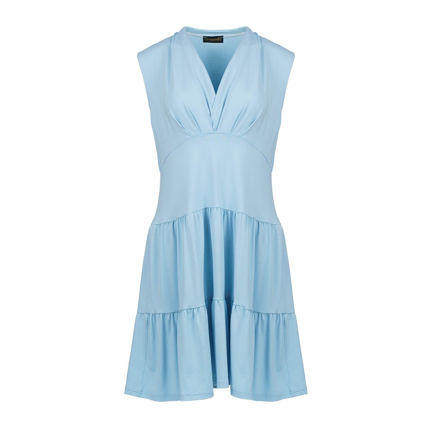 Vestido de jersey azul claro sin mangas con cuello en V, corte holgado y largo hasta la rodilla