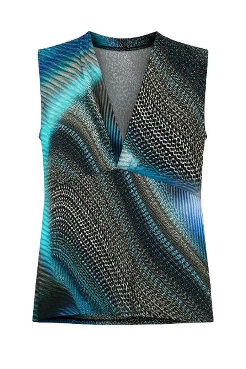 Top sin mangas con cuello en V y estampado de ondas abstractas en turquesa y grafito