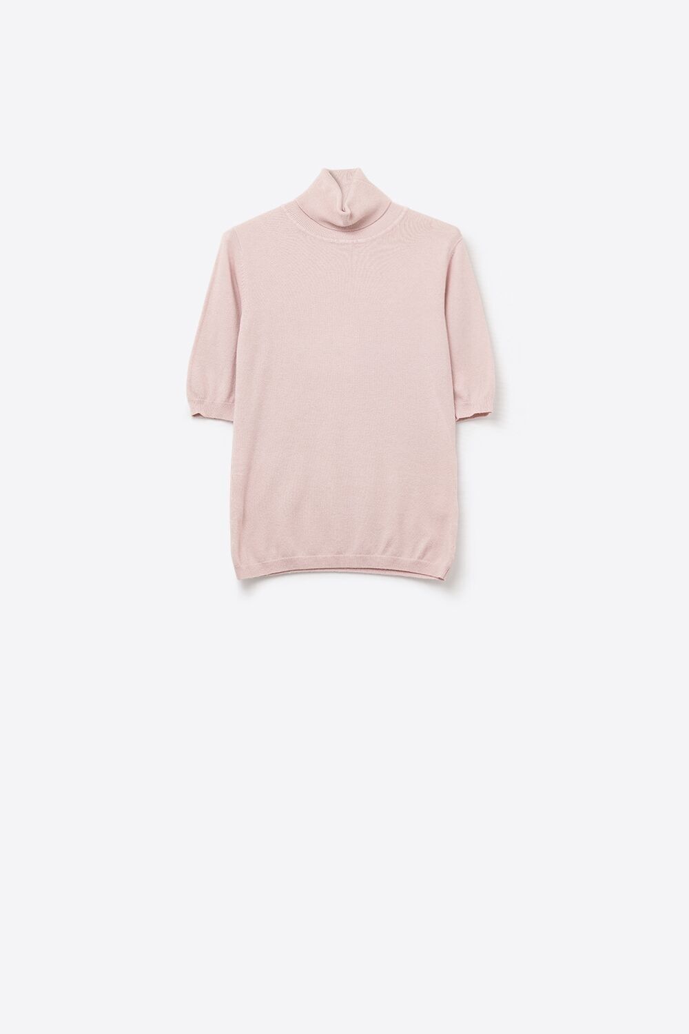 Feinstrickpullover in Rosa mit hohem Kragen und ellbogenlangen Ärmeln