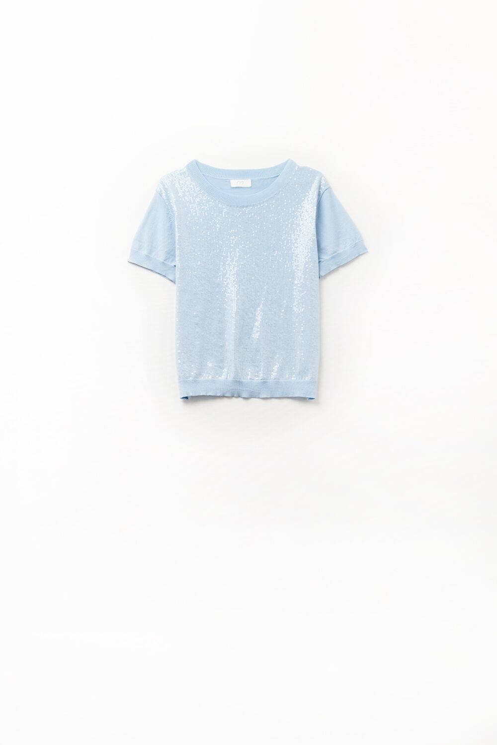 Hellblauer Paillettenpullover mit Rundhalsausschnitt