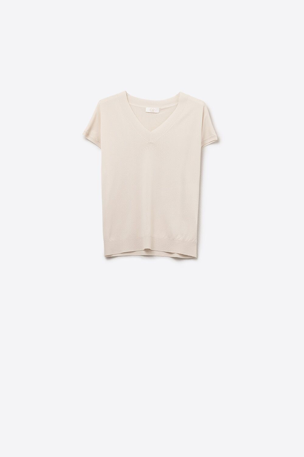 Beigefarbener, leichter Strickpullover mit V-Ausschnitt und kurzen Ärmeln