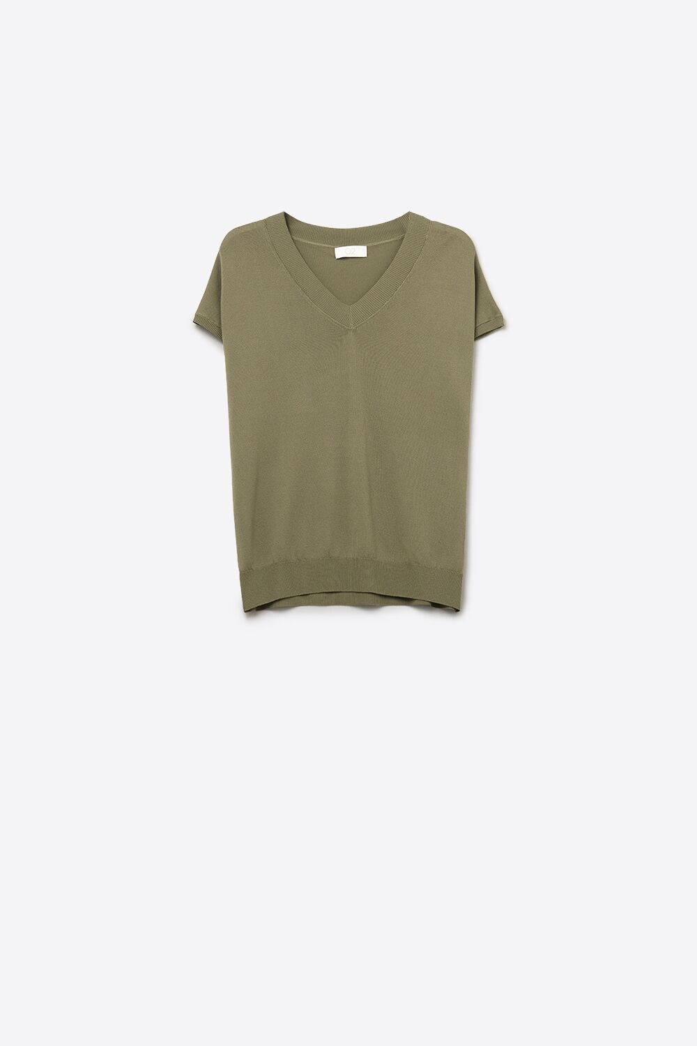 Khakifarbener, leichter Strickpullover mit V-Ausschnitt und kurzen Ärmeln