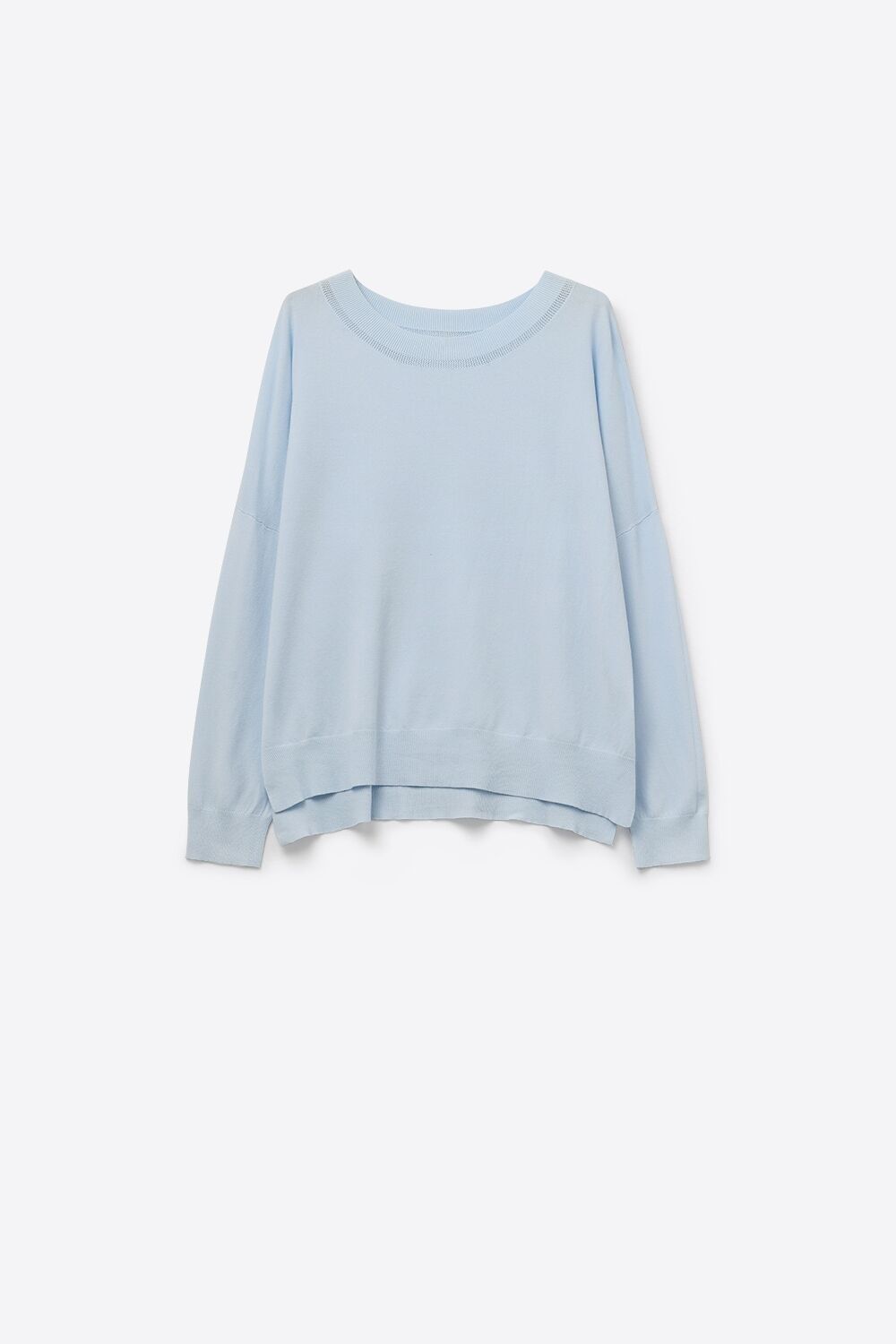 Hellblauer Strickpullover mit Mesh-Kragen