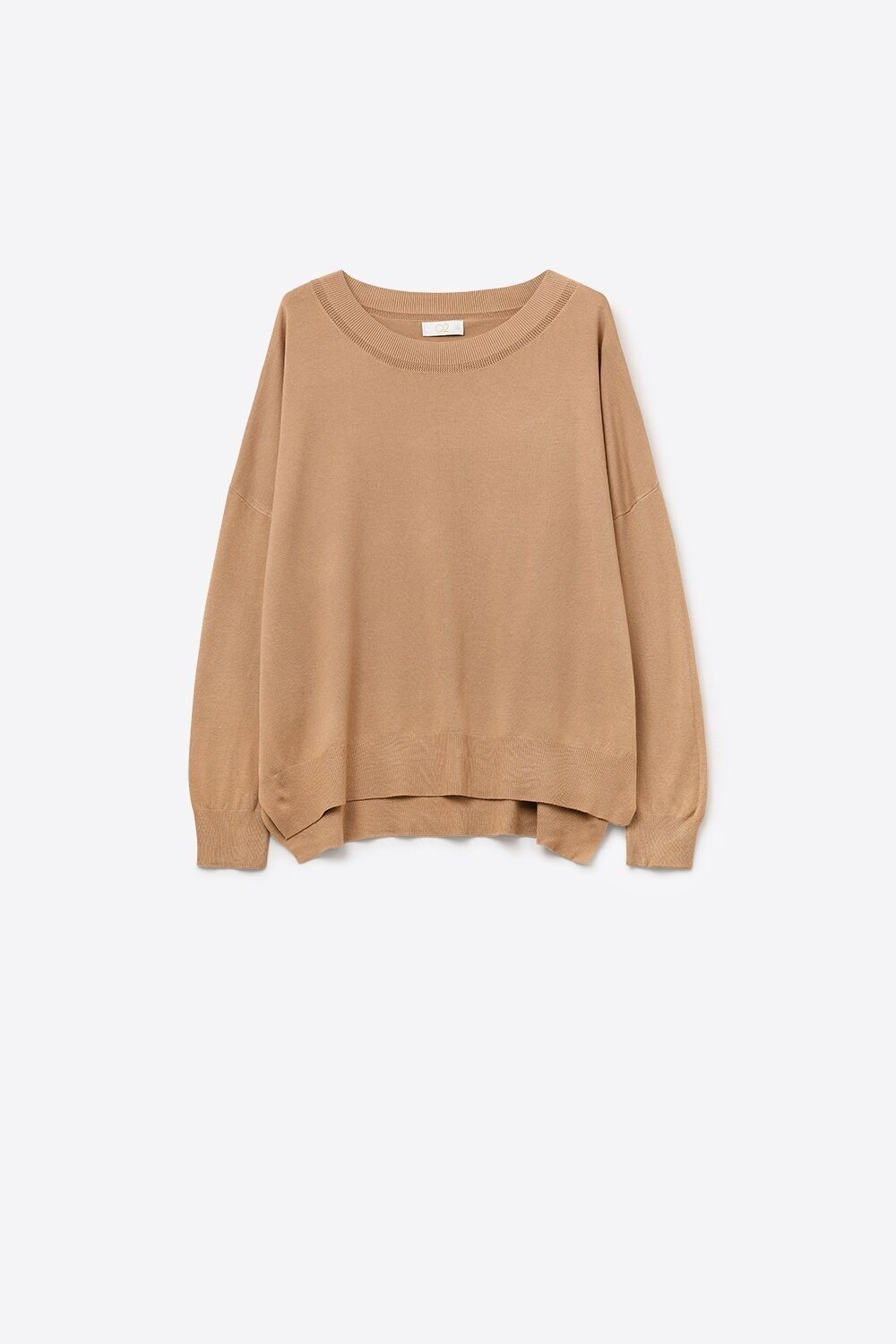 Kamelfarbener Strickpullover mit Mesh-Kragen