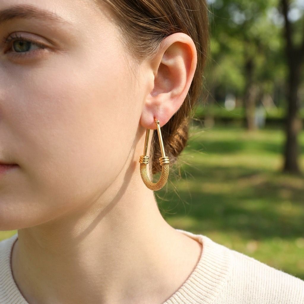 Textured gold-plated elongated hoop earrings