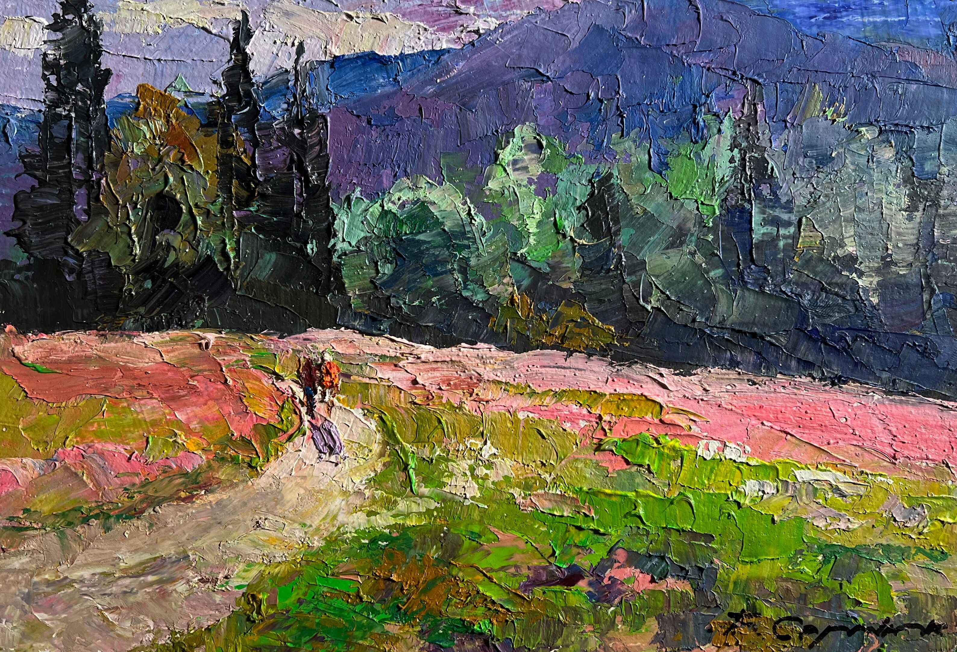 Dipinto ad olio Prati di montagna fioriti Boris Serdyuk 20x29cm