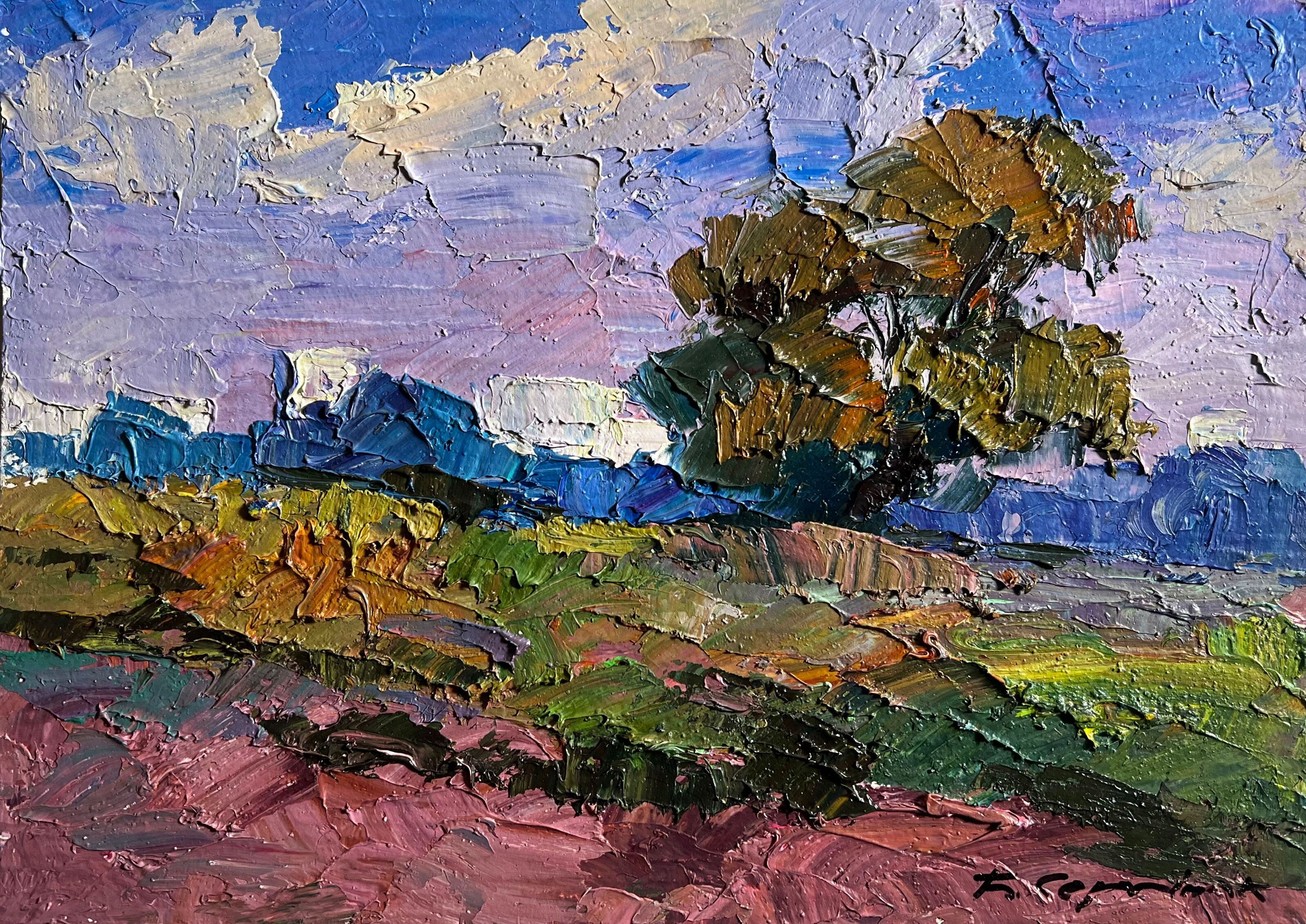 Dipinto ad olio Giorno di settembre nel campo Boris Serdyuk 20x29cm