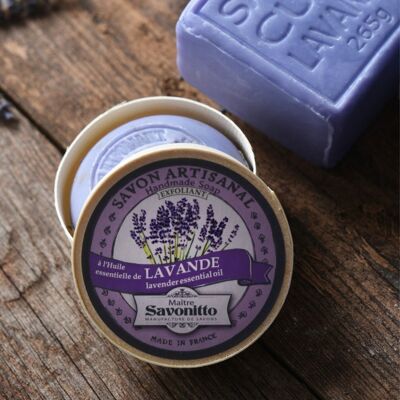 Savon exfoliant Lavande dans boite en bois 100g