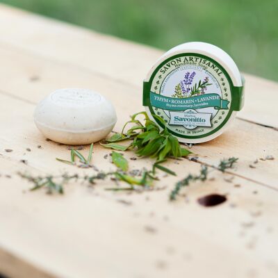 Exfoliating soap with essential oils of Thyme Rosemary & Lavandin in wooden box 100g