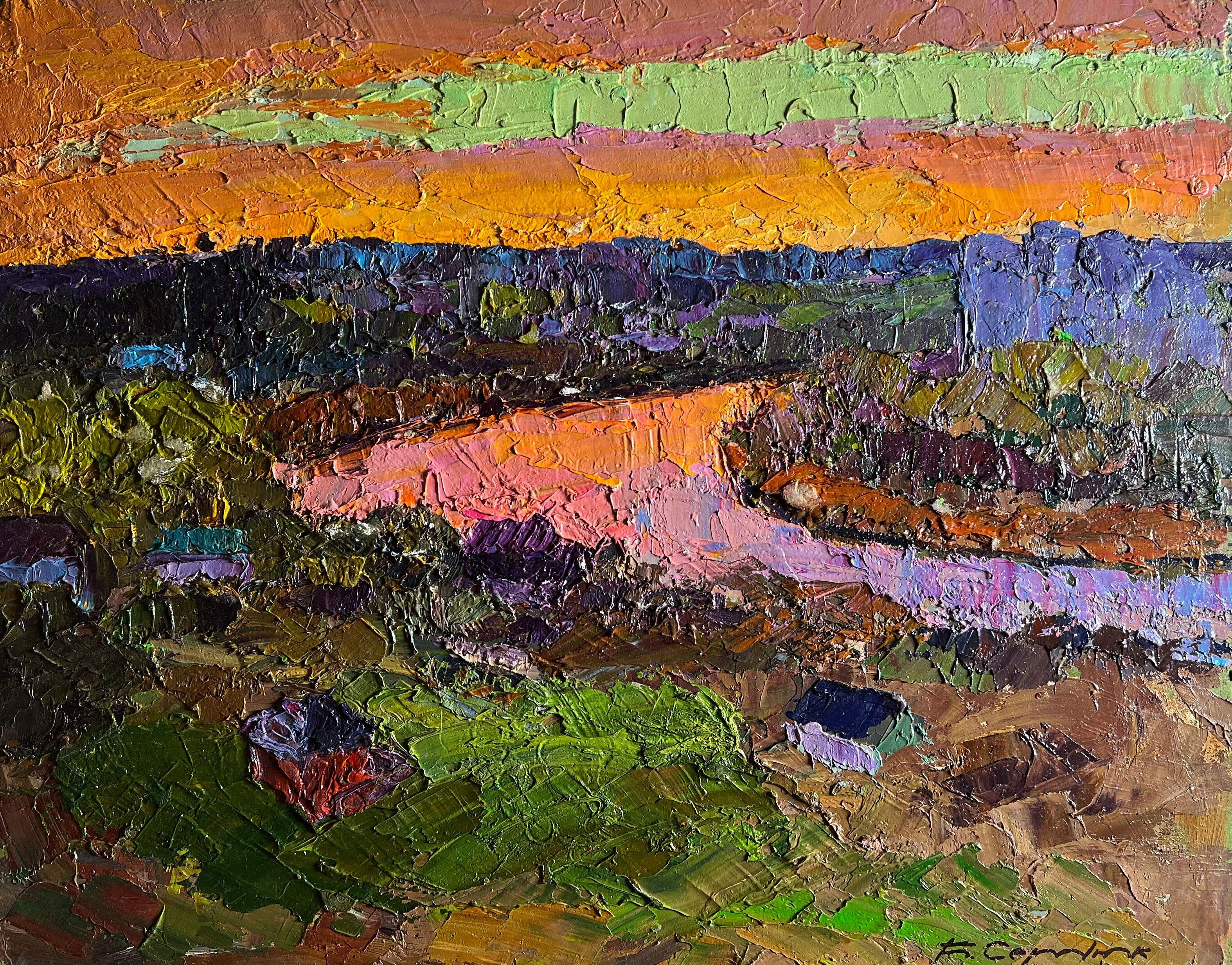 Dipinto ad olio Tramonto arancione sole Boris Serdyuk 40x50cm