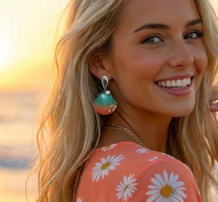 Boucles d'oreilles pendantes sirène en forme de coquillage ombré avec détails en perles