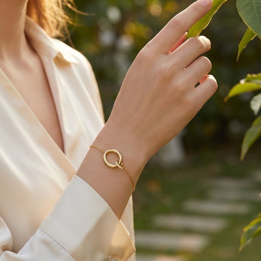 Fine gold chain bracelet with oval link and rhinestone