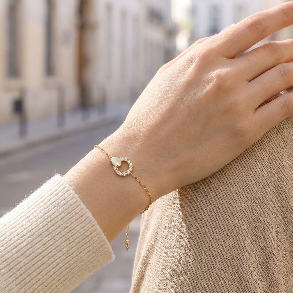 Gold-tone bracelet with a fine chain adorned with a circle pavé-set with rhinestones and a pearly white cabochon