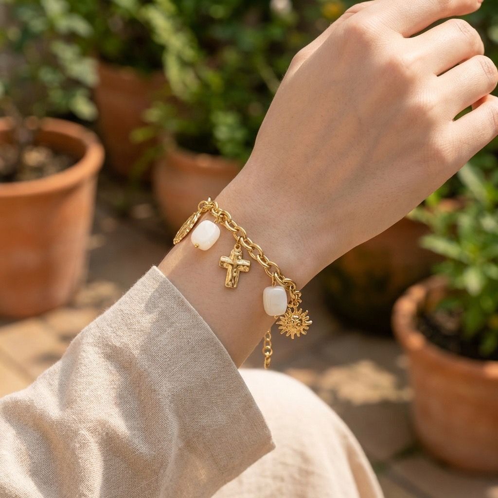 Silver charm bracelet with sacred symbol pendants and white resin stones