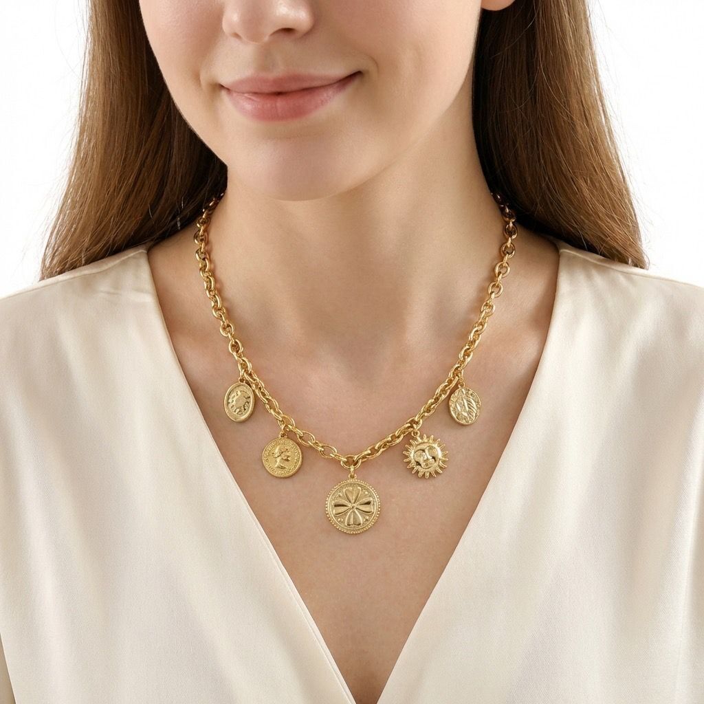 Gold chain necklace with multiple engraved medallions