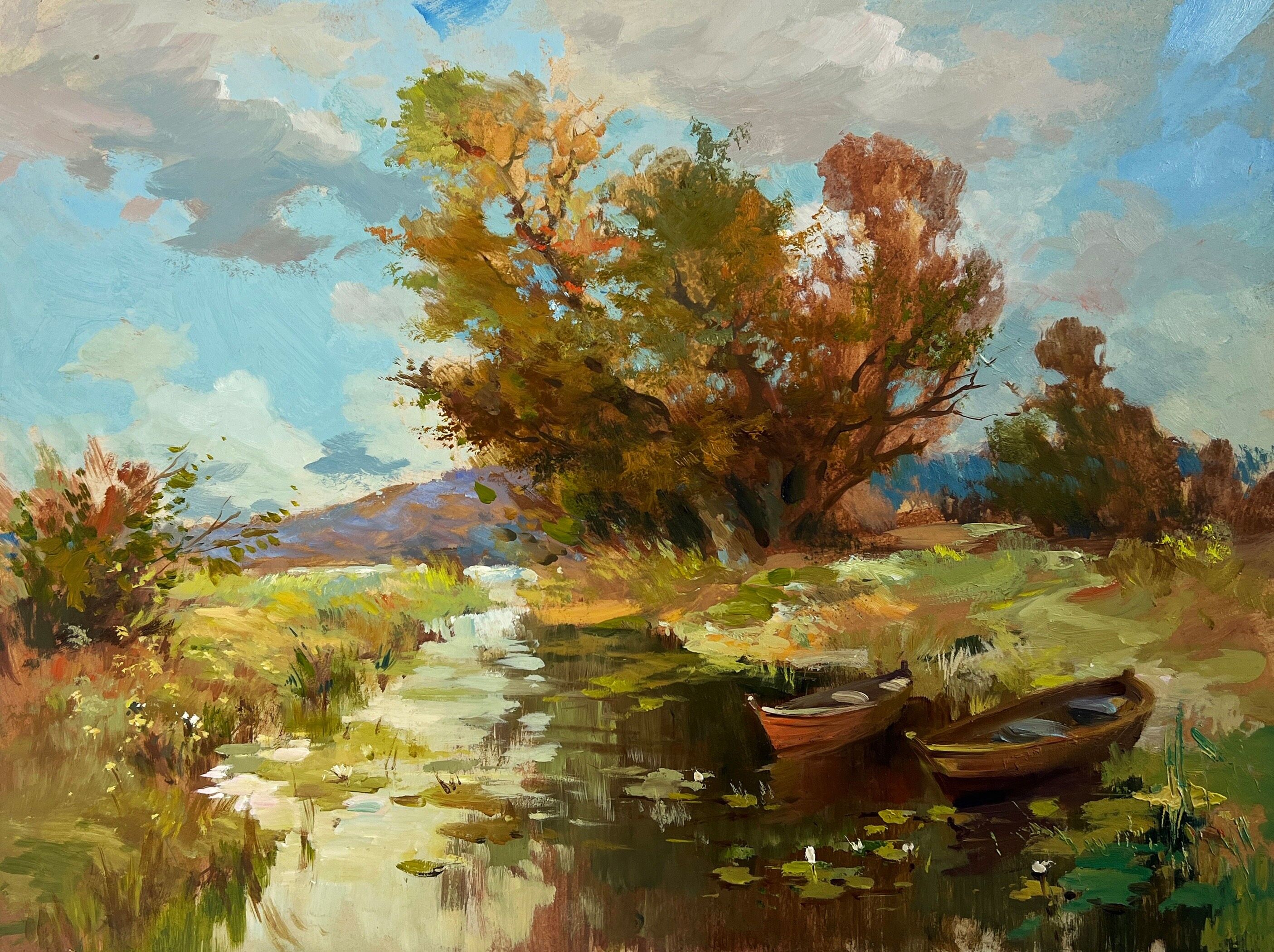 Ölgemälde „Ein Moment der Stille am Fluss“ von Yuriy Suprunchuk, 30 x 40 cm