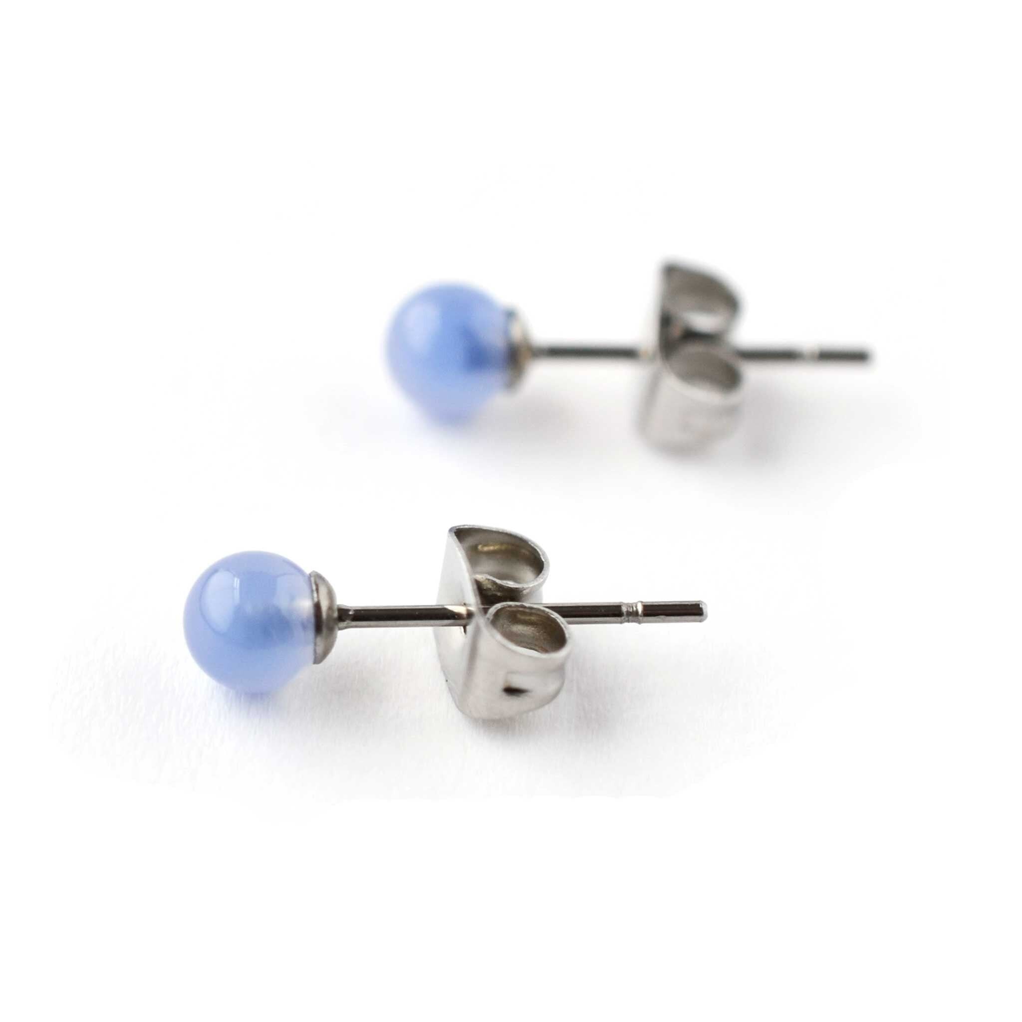Blue Onyx Gemstone Stud Earrings 4mm, Hypoallergenic Surgical Steel Studs For Sensitive Ears