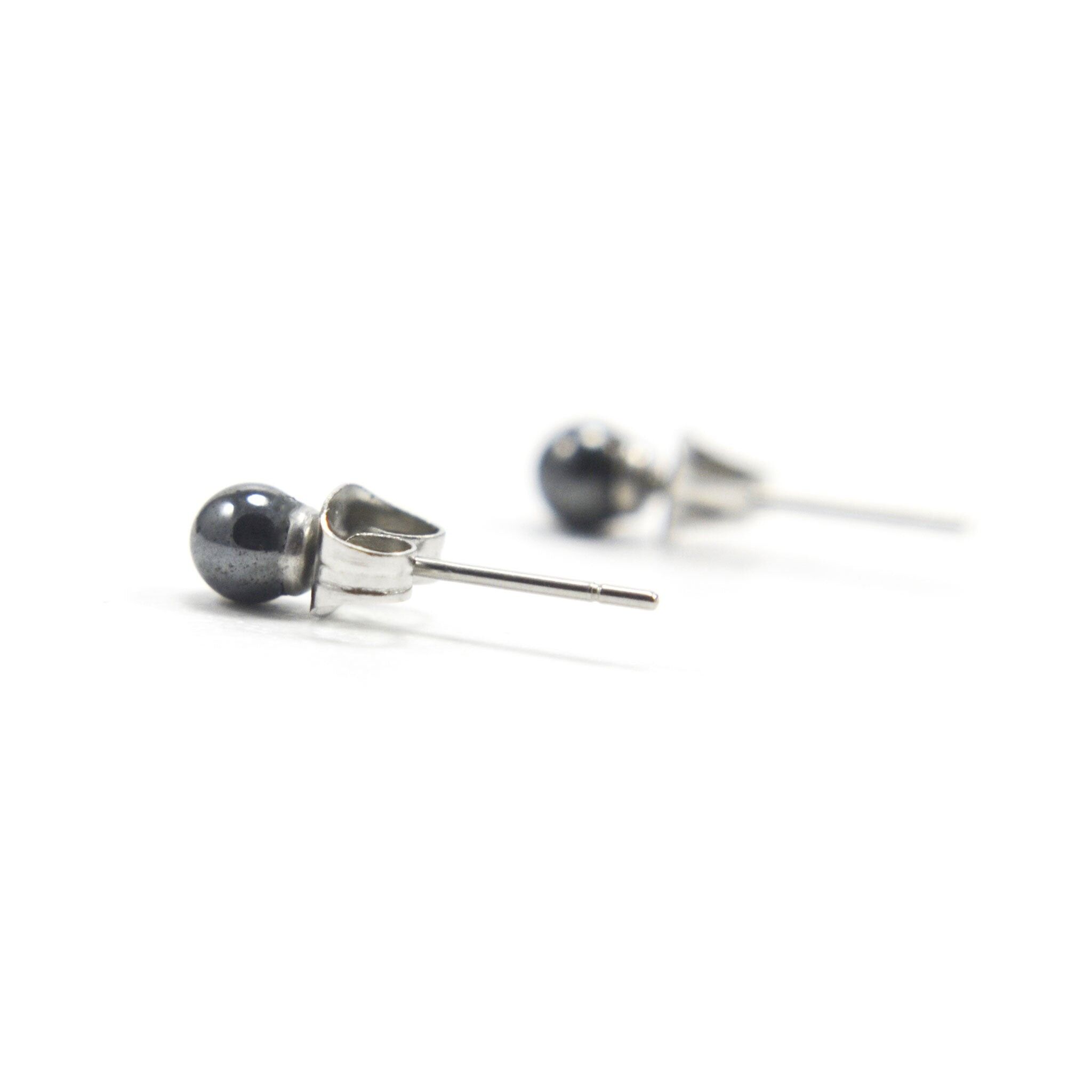 Hematite Gemstone Stud Earrings 4mm, Hypoallergenic Surgical Steel Studs For Sensitive Ears