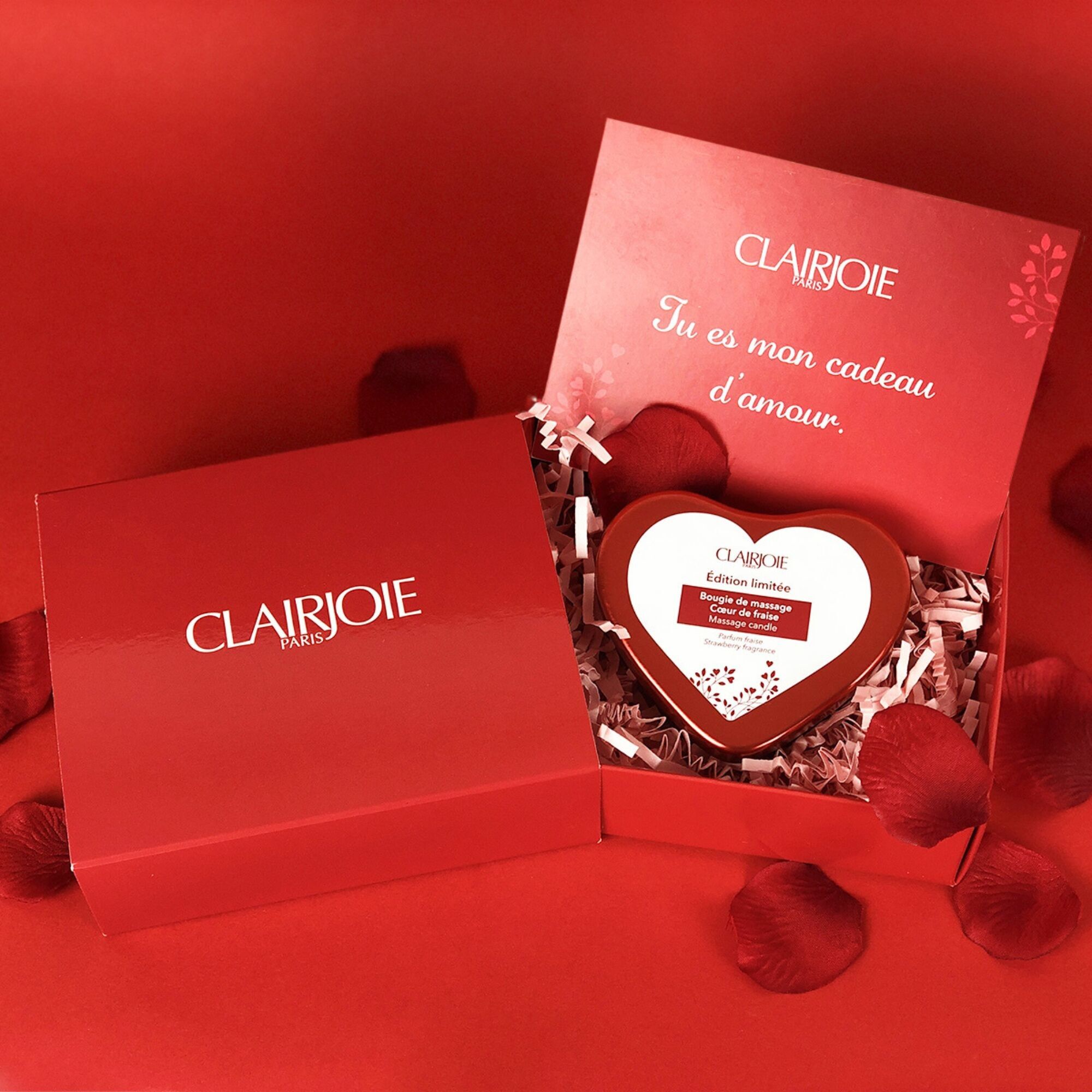 Box St Valentin - Bougie de massage comestible Cœur de fraise