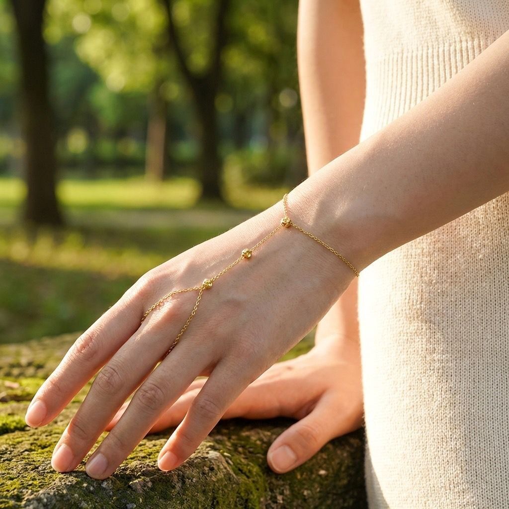 A delicate hand chain adorned with small, delicate flowers.