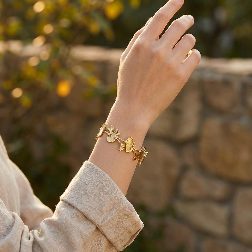 Carved ginkgo leaf cuff bracelet